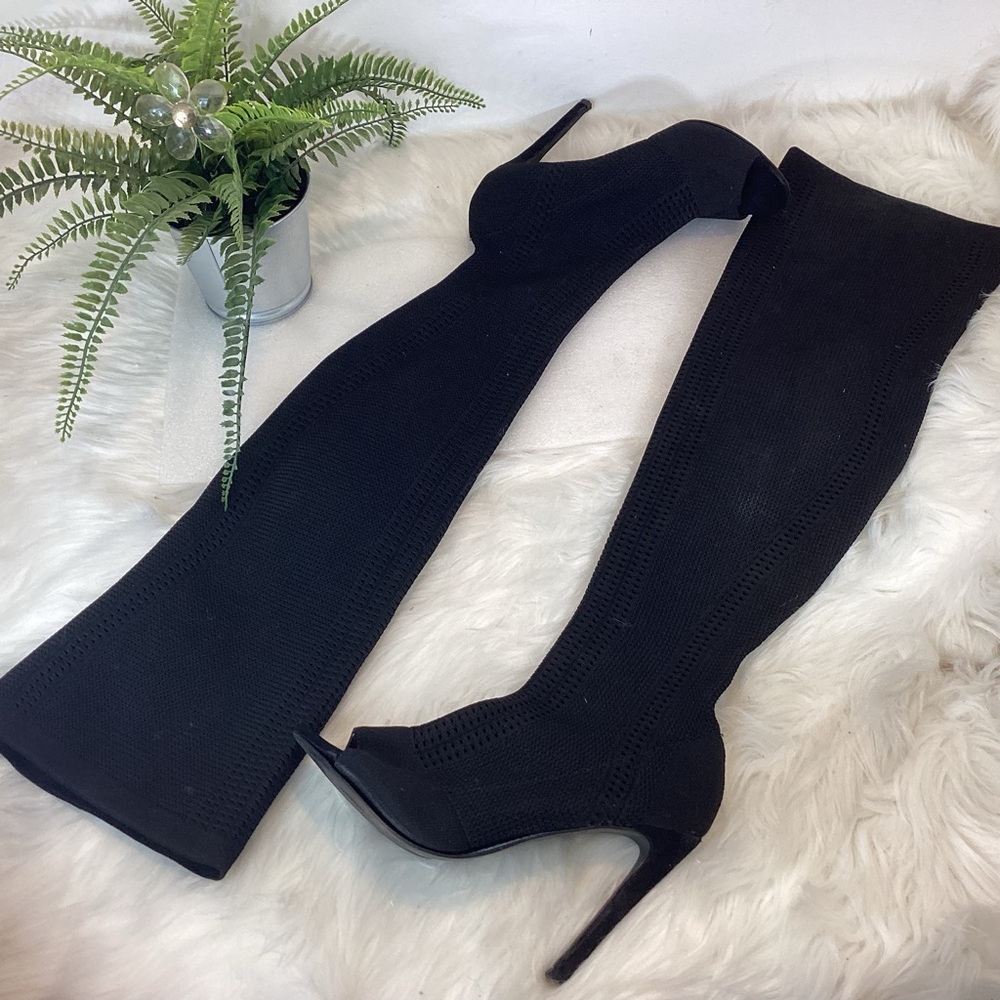 CAPE ROBBIN ELNORA THIGH HIGH STILETTO OPEN TOE BLACK WOVEN BOOTS SZ 8.5 - Picture 2 of 8